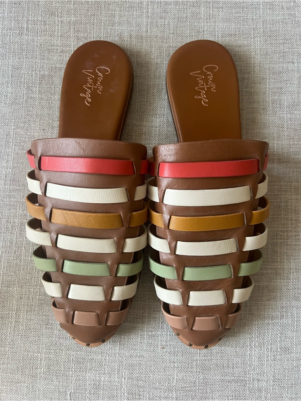 Crown Vintage Summer Resortwear Slide Sandals w/Multicolor Straps, Womens 8.5